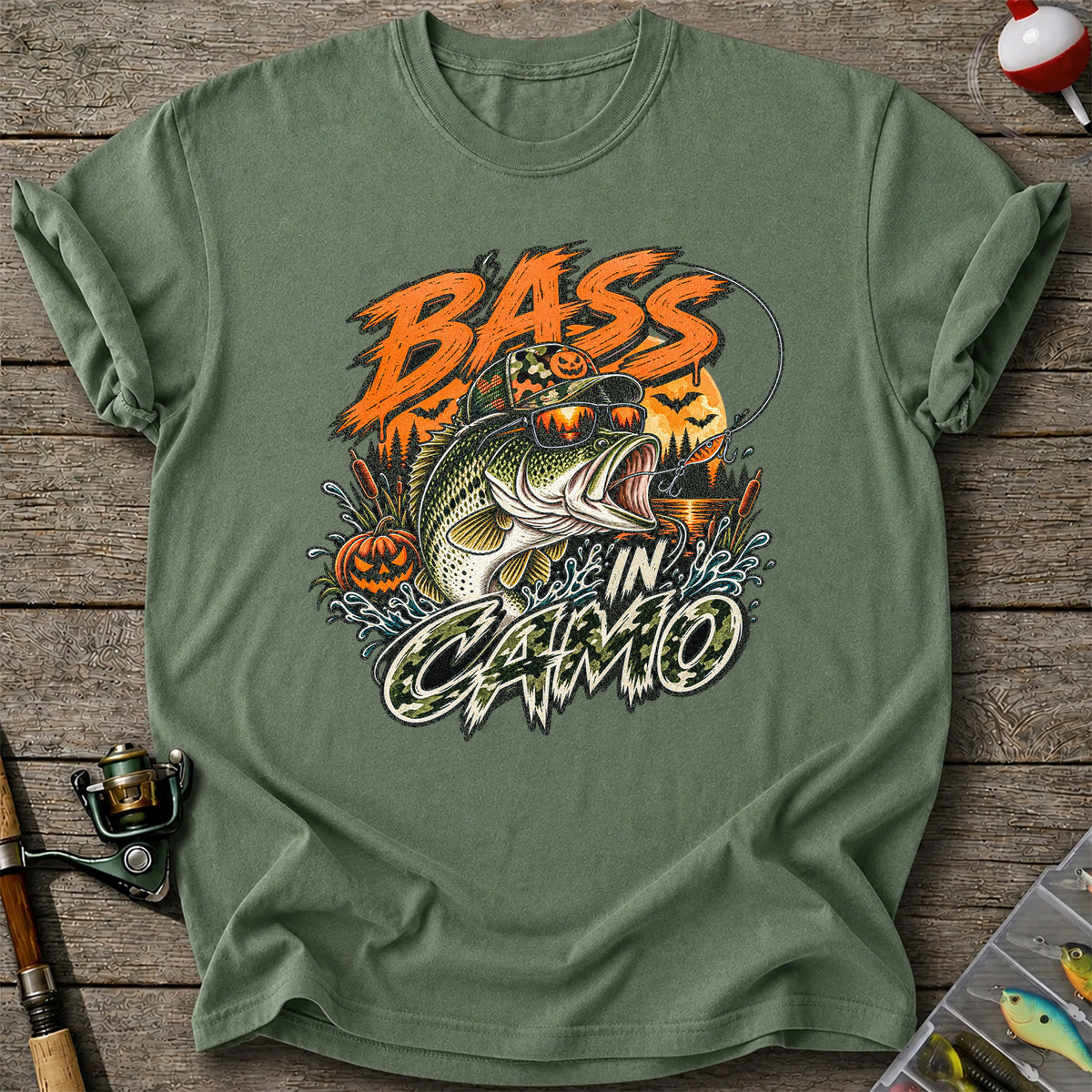 Bass in Camo Halloween Pumpkin Bass Fishing Graphic T-Shirt