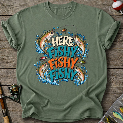 Here Fishy Fishy Fishy Rainbow Trout Funny Fly Fishing T-Shirt