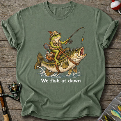 We Fish at Dawn Frog Riding Largemouth Bass Funny Fishing T-Shirt