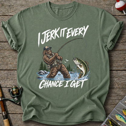 Jerk It Every Chance I Get Bigfoot Fishing Graphic T-Shirt