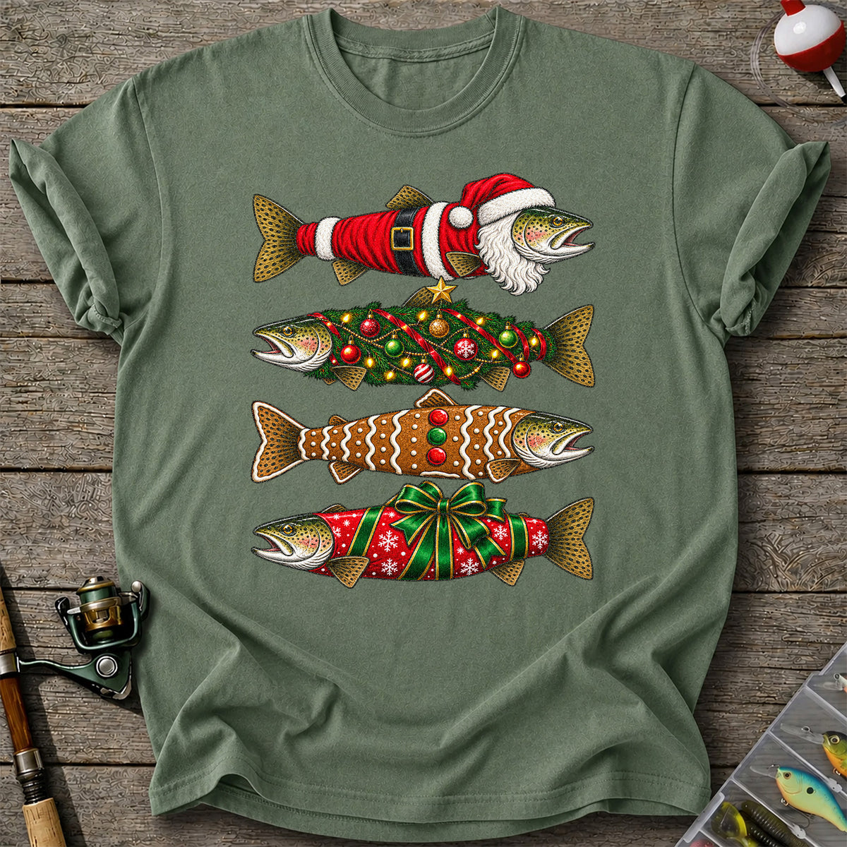 Festive Christmas Trout Santa and Gingerbread Fishing T-Shirt