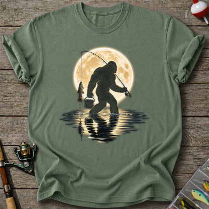 Bigfoot Fishing Under a Full Moon Graphic T-Shirt