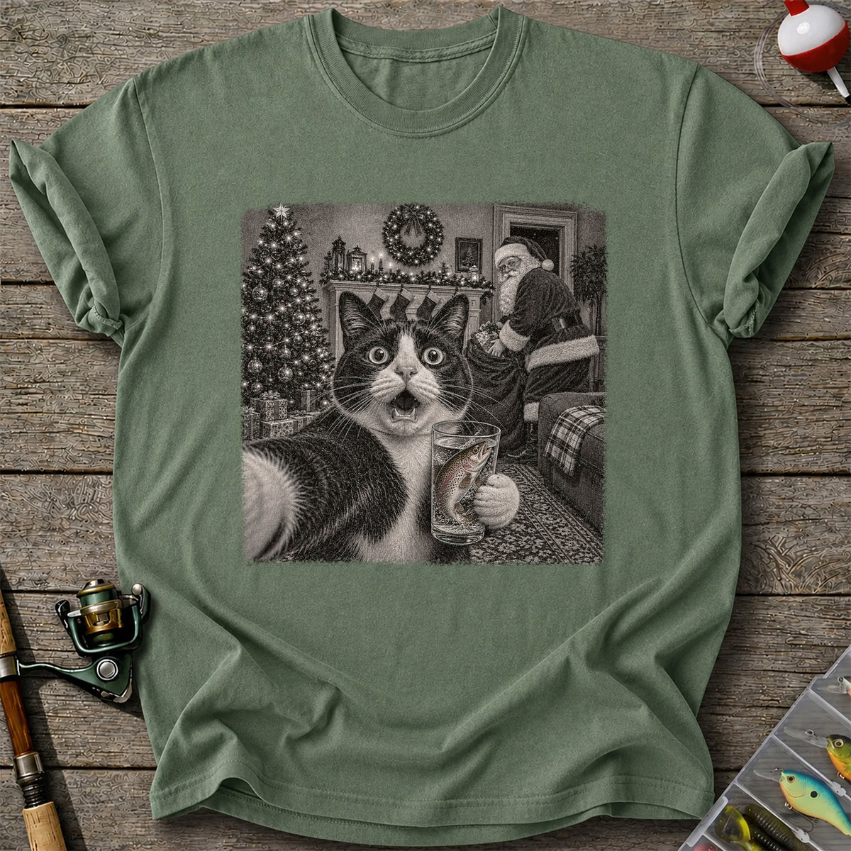 Christmas Cat Holding a Fish Mug Holiday Graphic T-Shirt