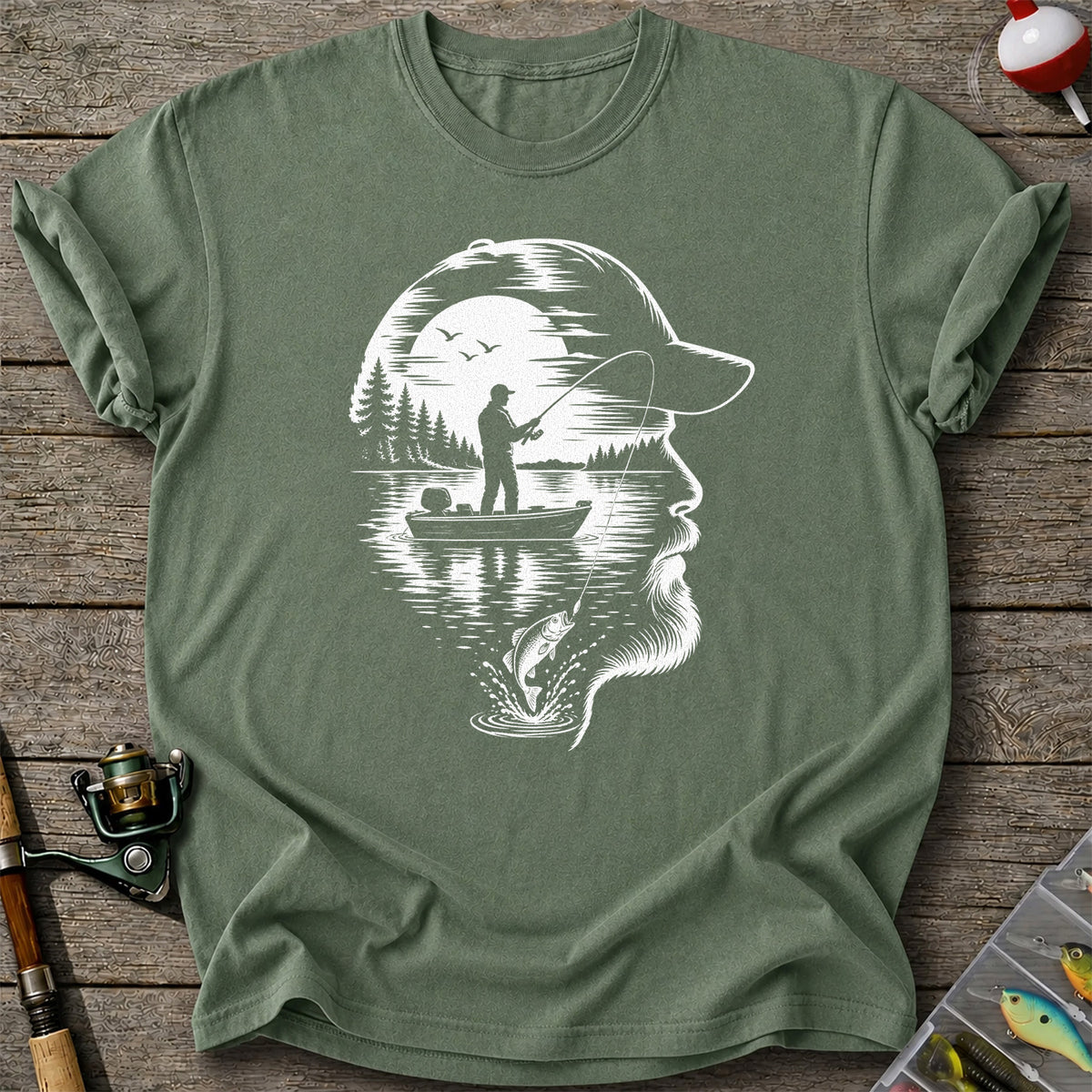 Bearded Angler Silhouette with Lake Fishing Scene Graphic T-Shirt
