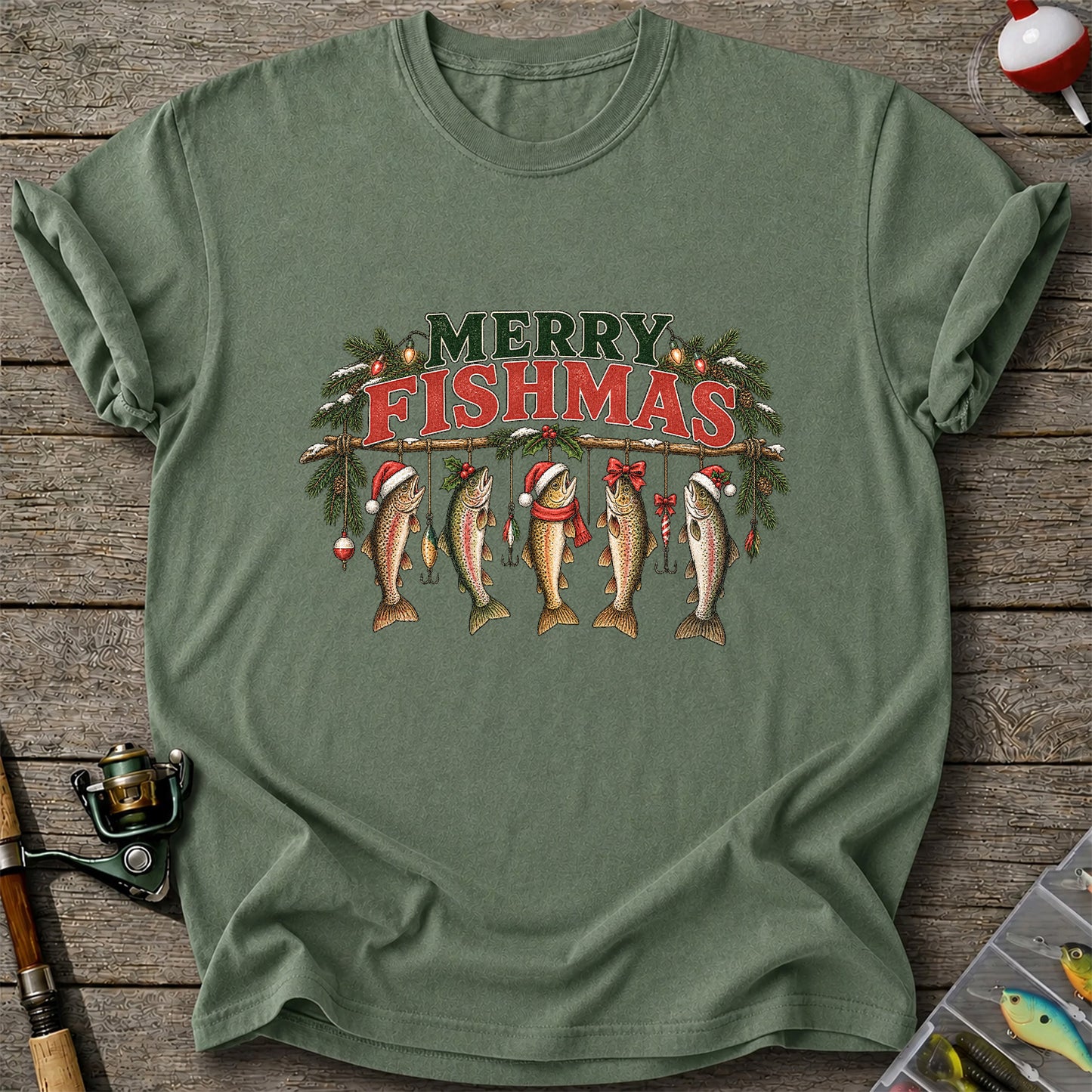 Merry Fishmas Five Christmas Trout Fishing Graphic T-Shirt