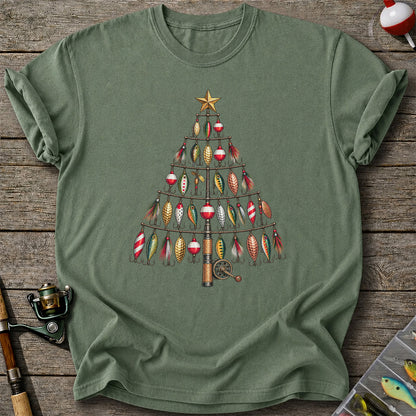Fishing Lure Christmas Tree with Rod and Reel Graphic T-Shirt