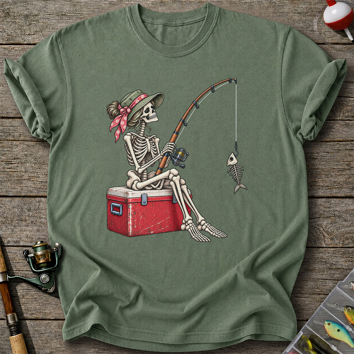 Skeleton Woman Fishing on a Cooler with Fish Bones Graphic T-Shirt