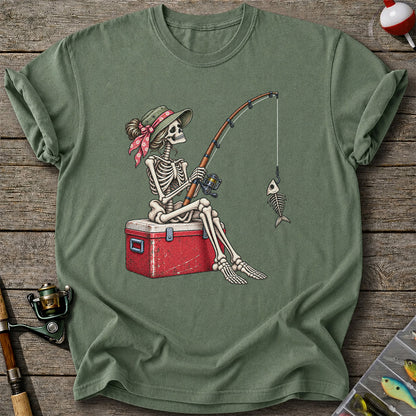 Skeleton Woman Fishing on a Cooler with Fish Bones Graphic T-Shirt