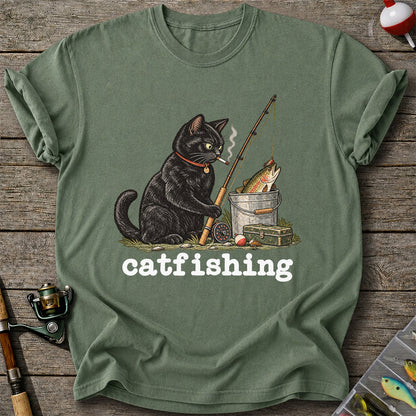 Catfishing Smoking Black Cat with Fishing Rod Funny T-Shirt