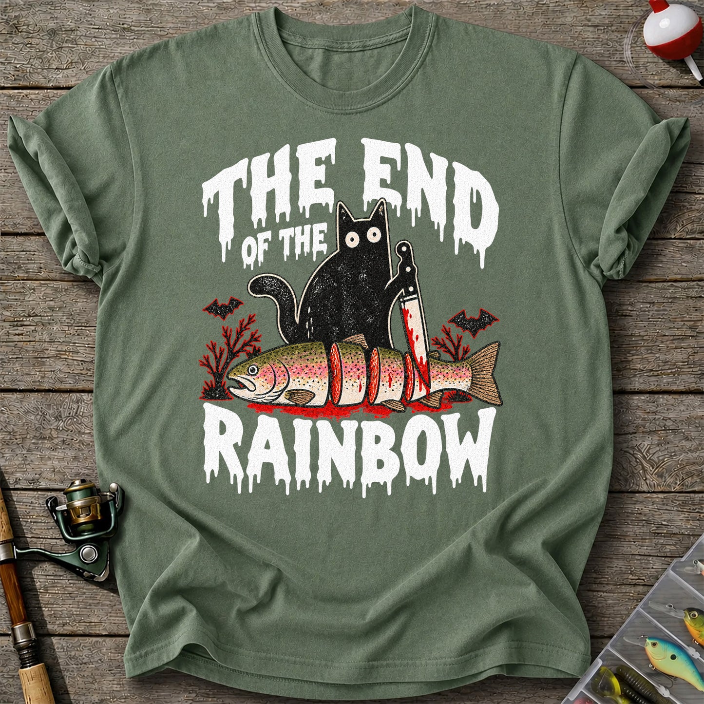 The End of the Rainbow Black Cat and Rainbow Trout Halloween Fishing T-Shirt