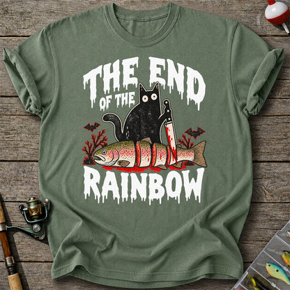 The End of the Rainbow Black Cat and Rainbow Trout Halloween Fishing T-Shirt