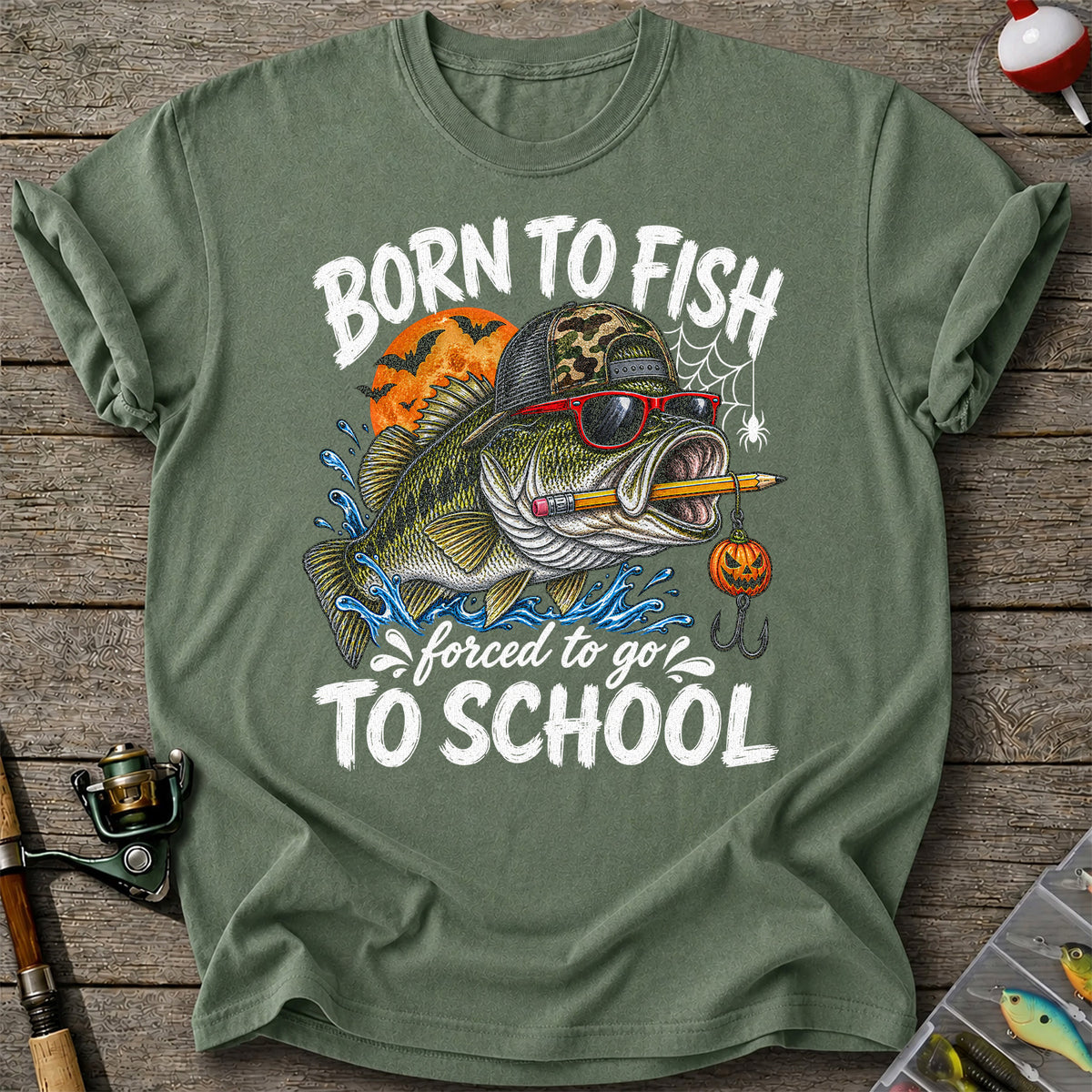 Born to Fish Forced to Go to School Halloween Bass Fishing T-Shirt