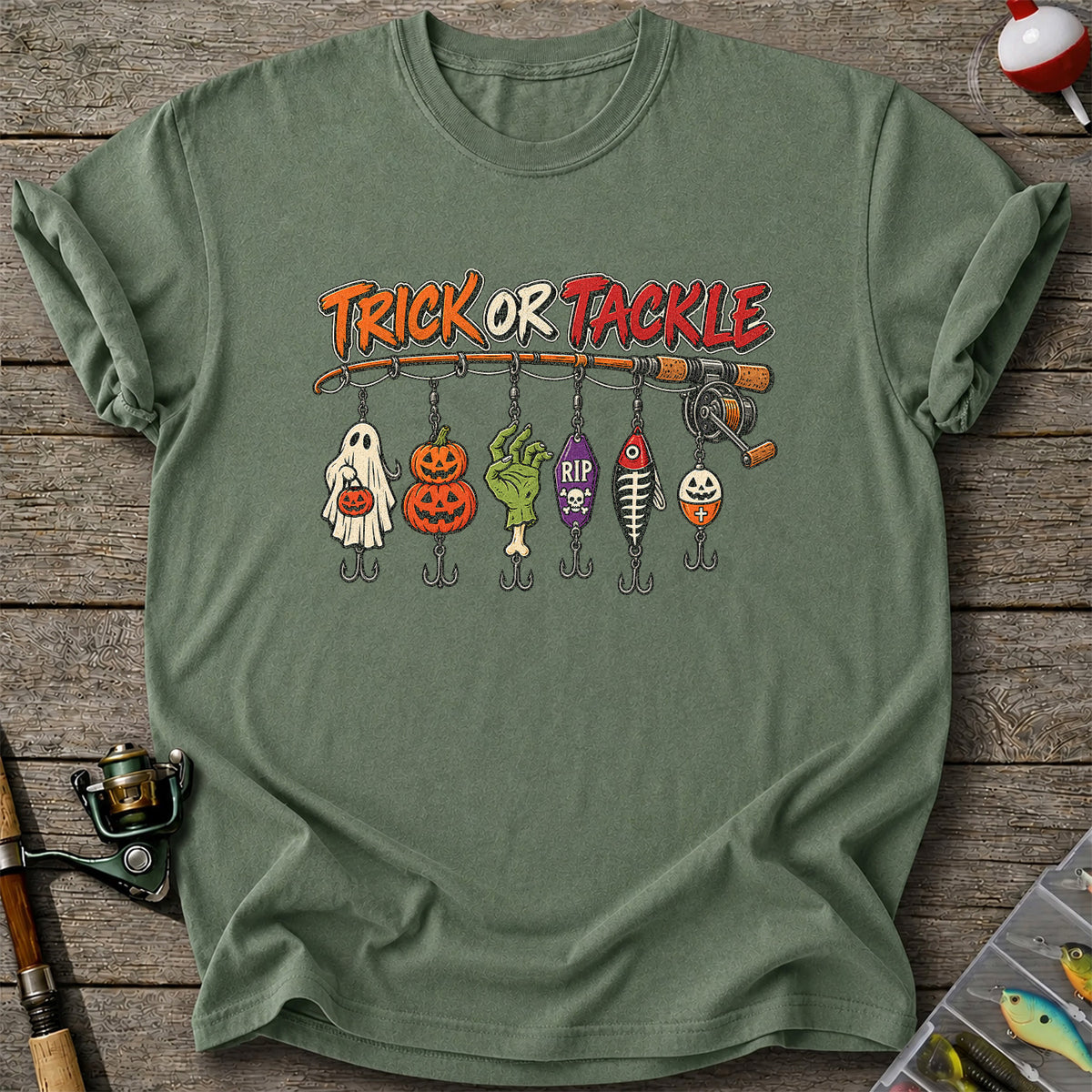 Trick or Tackle Halloween Ghost and Pumpkin Fishing Lures T-Shirt