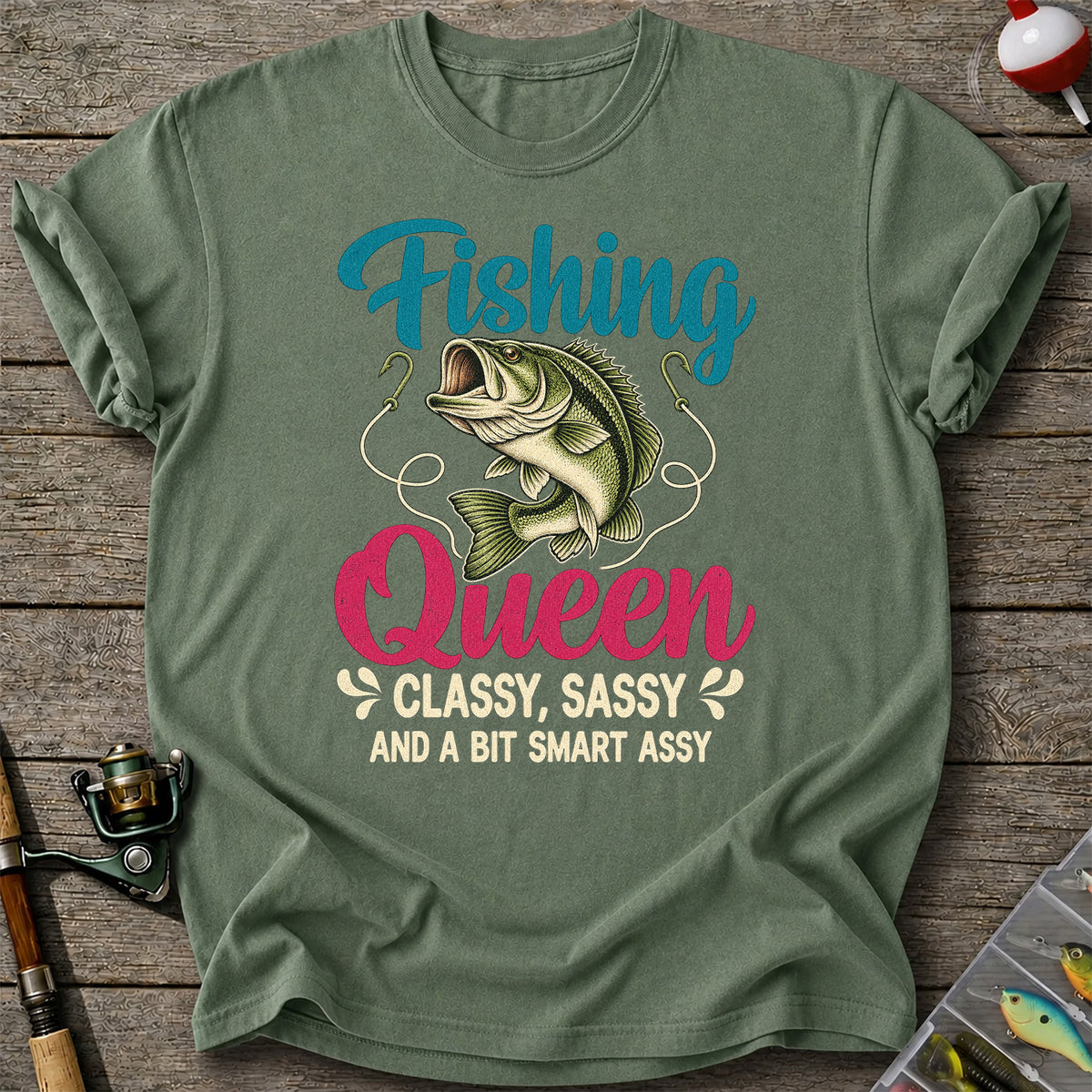 Fishing Queen Bass Funny Fishing Graphic T-Shirt