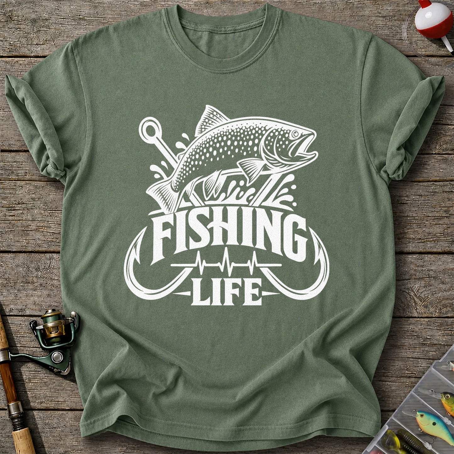 Fishing Life Trout and Hooks Heartbeat Graphic T-Shirt