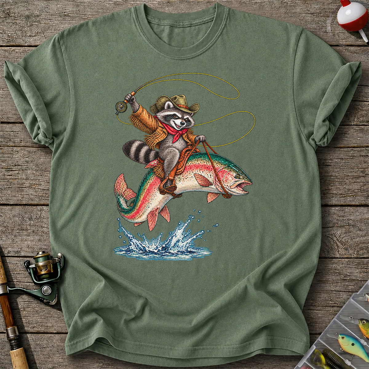 Cowboy Raccoon Riding a Rainbow Trout Fishing Graphic T-Shirt