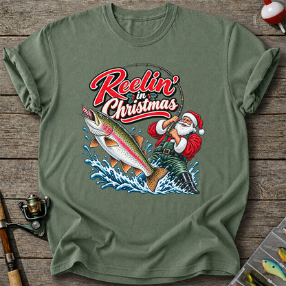 Reelin' in Christmas Santa Rainbow Trout Fishing T-Shirt