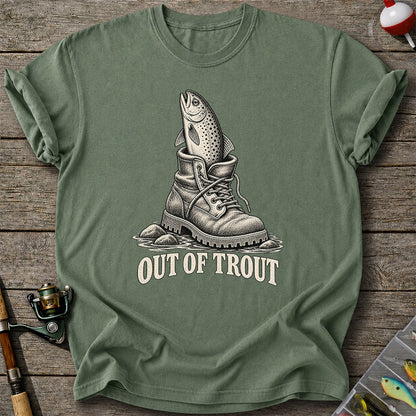 Out of Trout Funny Trout in a Hiking Boot Fishing T-Shirt