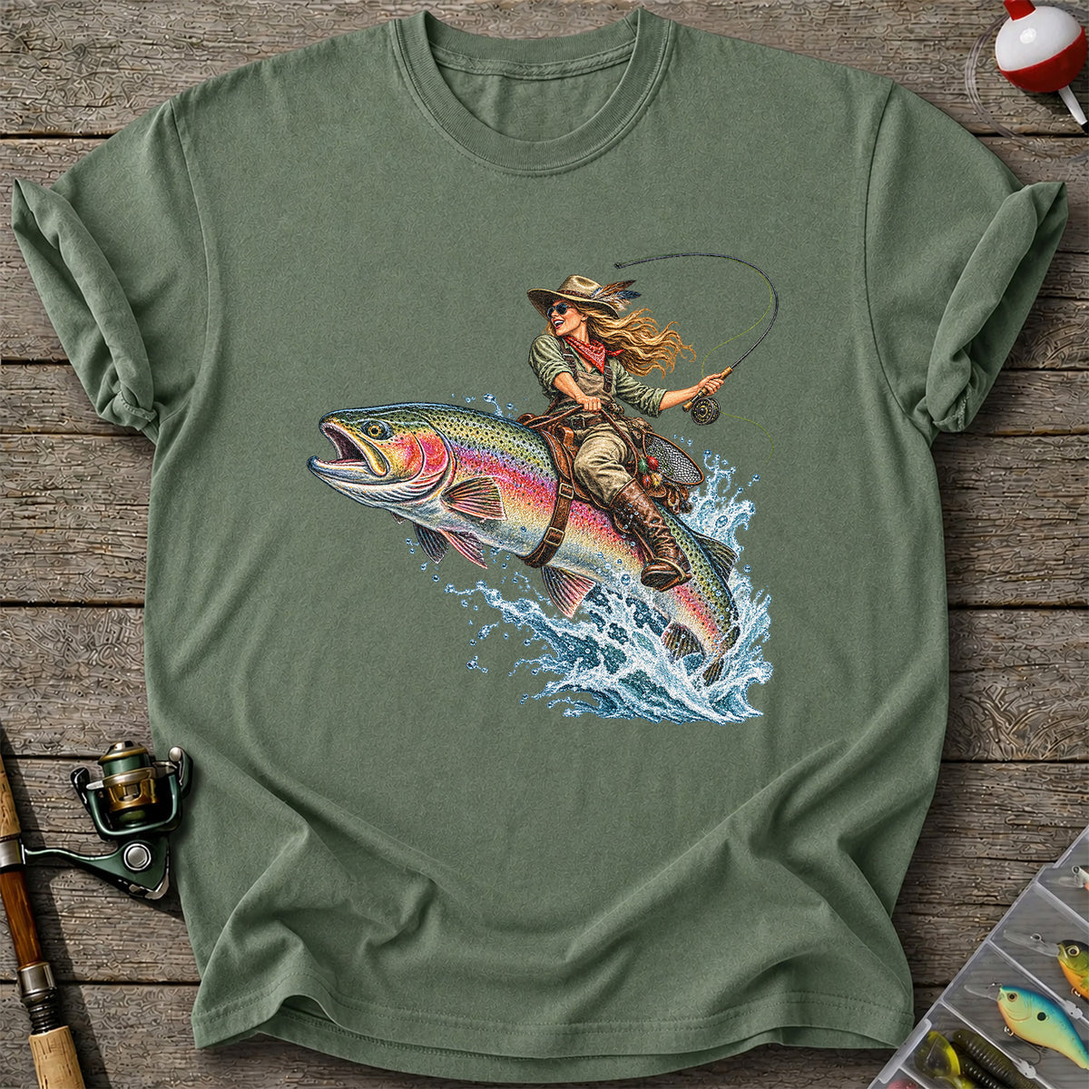 Cowgirl Riding a Rainbow Trout Fly Fishing Graphic T-Shirt