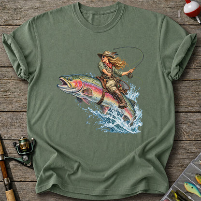 Cowgirl Riding a Rainbow Trout Fly Fishing Graphic T-Shirt