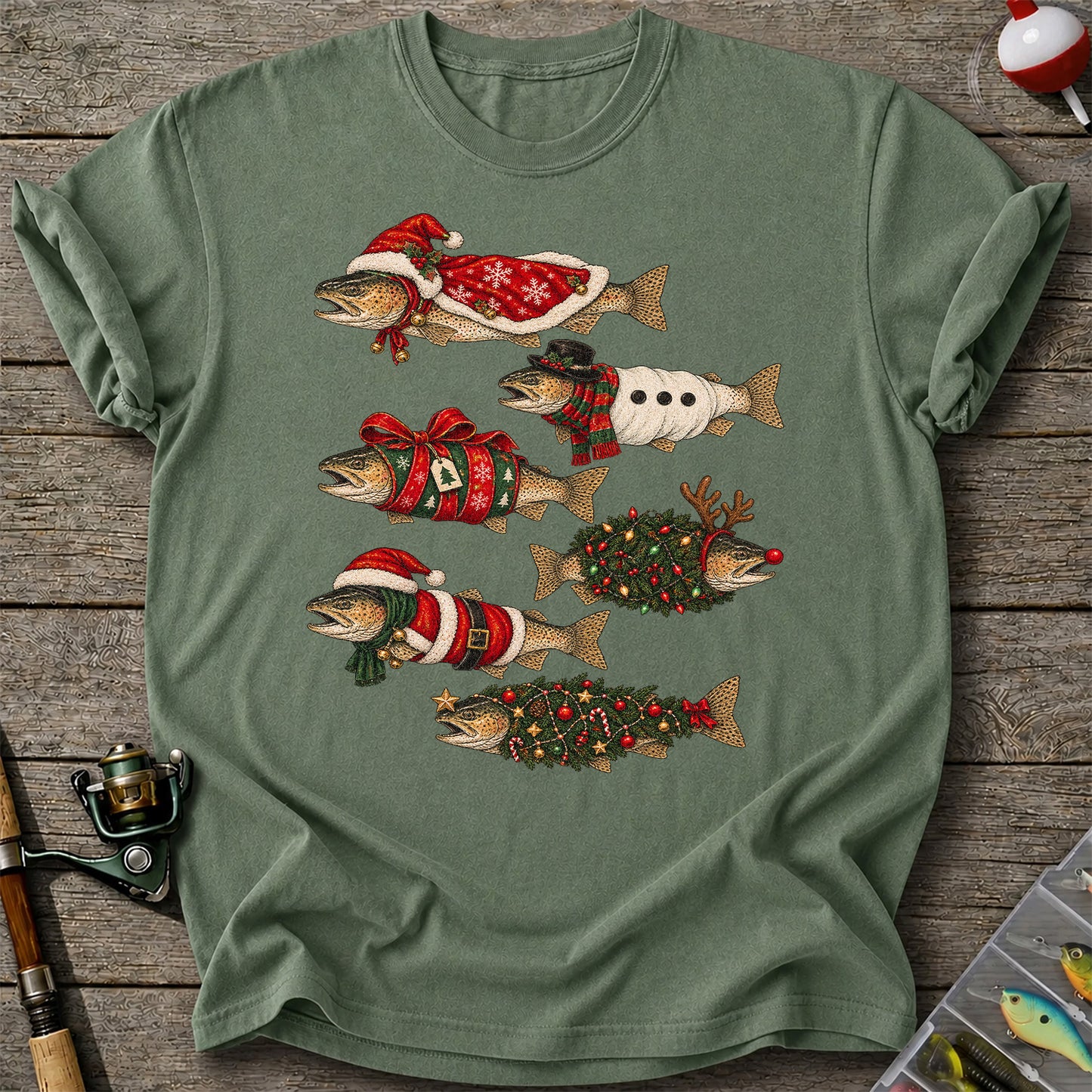 Christmas Trout in Festive Costumes Fishing Graphic T-Shirt