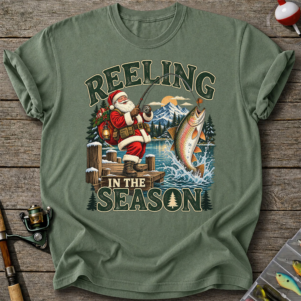 Reeling in the Season Santa Fishing for Rainbow Trout Christmas T-Shirt