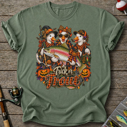 Trick or Trout Halloween Ducks with Rainbow Trout and Pumpkins Fishing T-Shirt