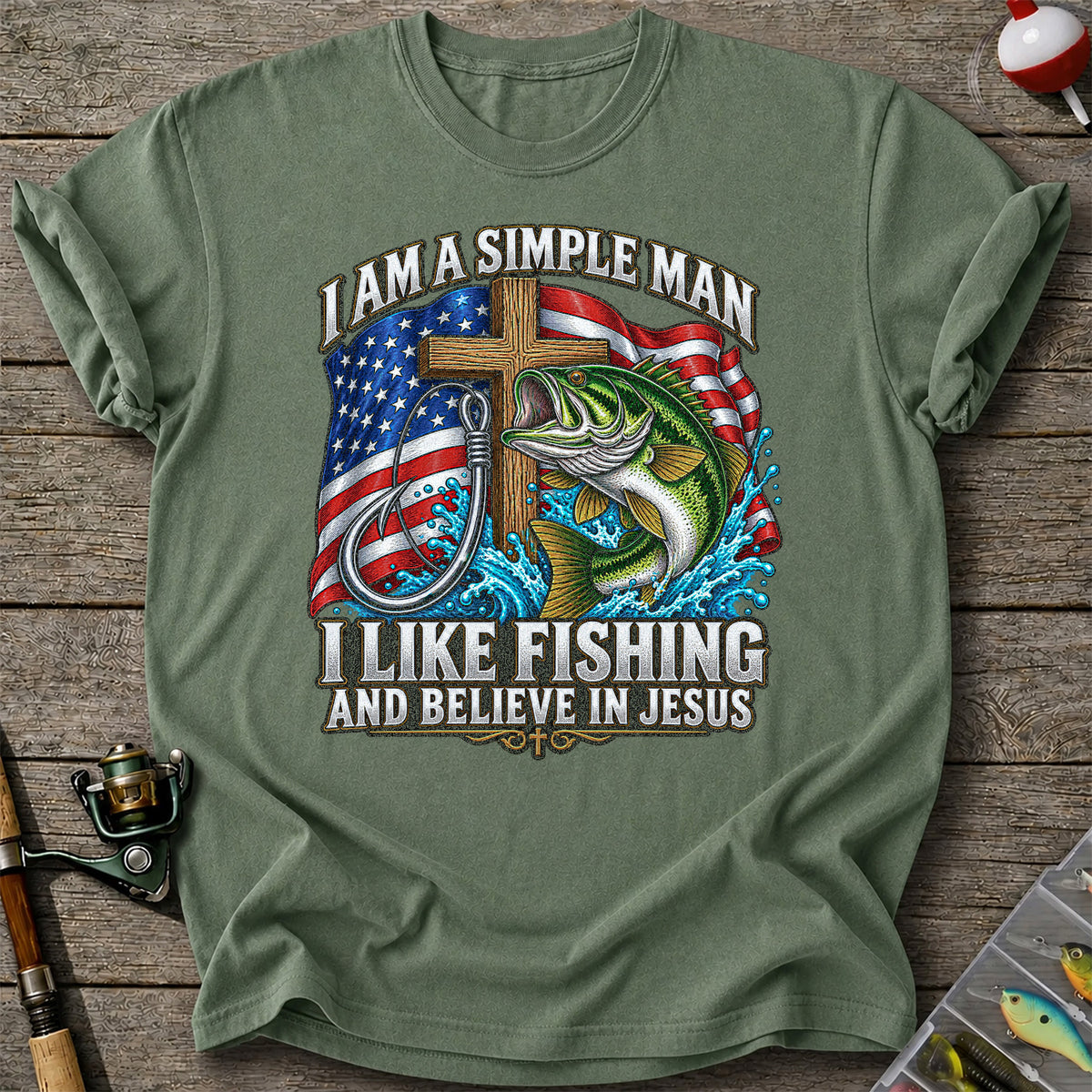 American Flag Bass Fishing Faith Patriotic Graphic T-Shirt