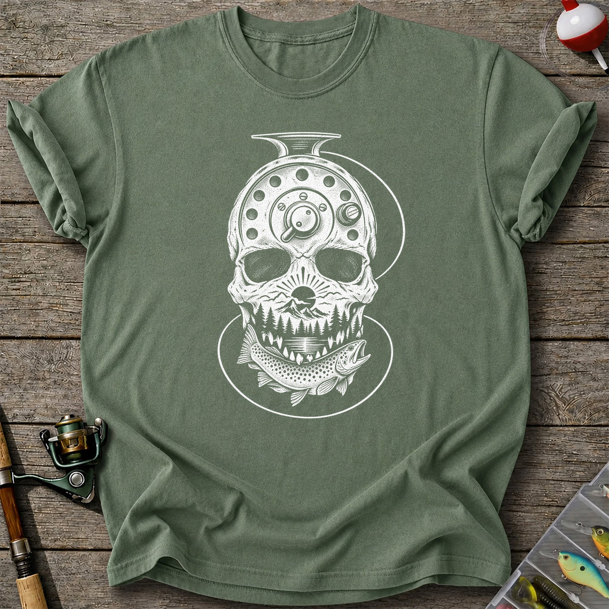 Trout and Fly Fishing Reel Skull Mountain Graphic T-Shirt