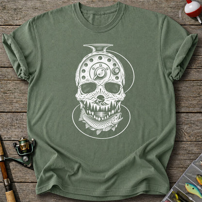 Trout and Fly Fishing Reel Skull Mountain Graphic T-Shirt