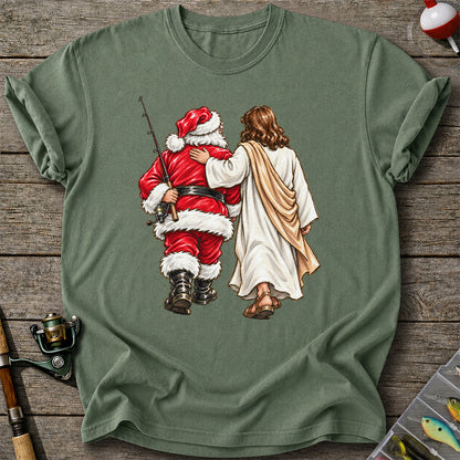 Santa and Robed Companion Fishing Graphic T-Shirt