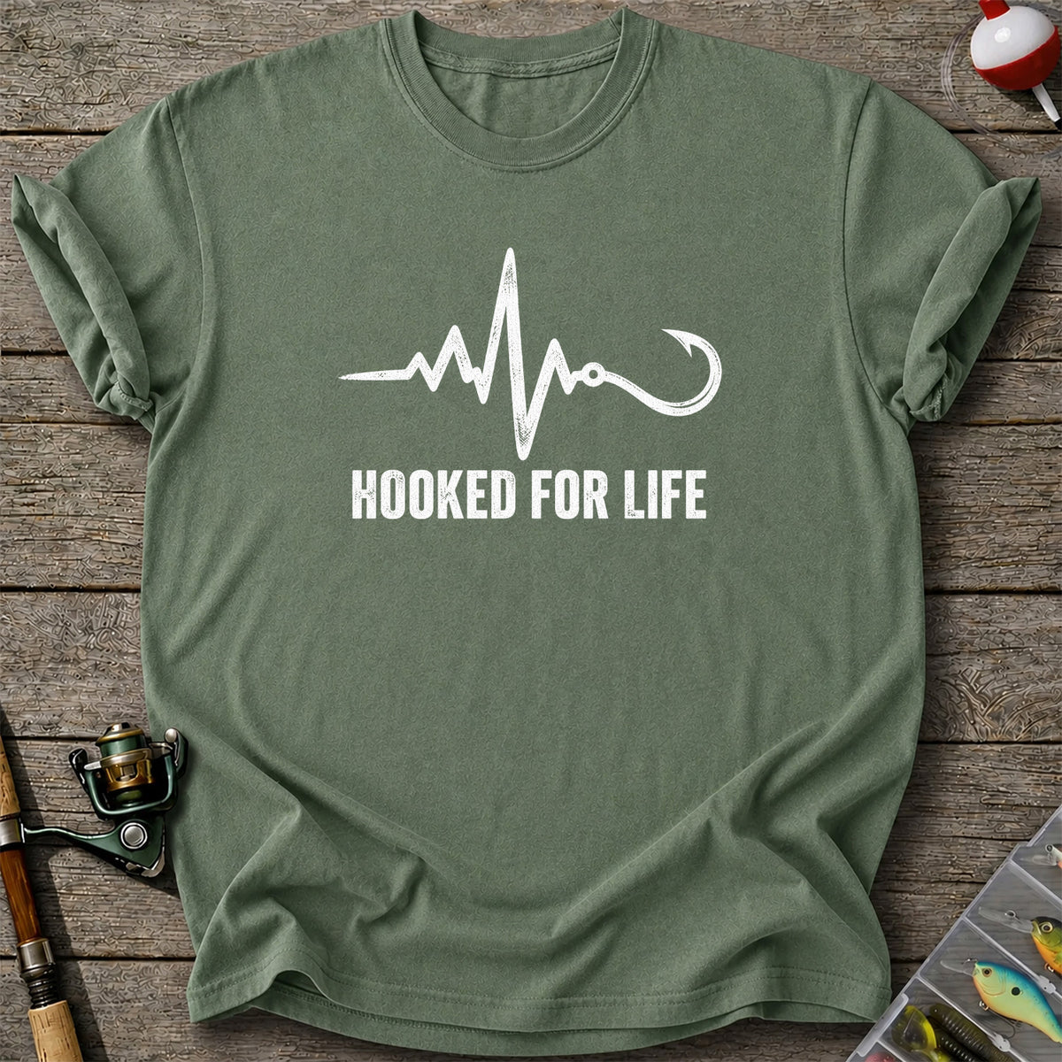 Hooked for Life Fishing Hook Heartbeat Graphic T-Shirt
