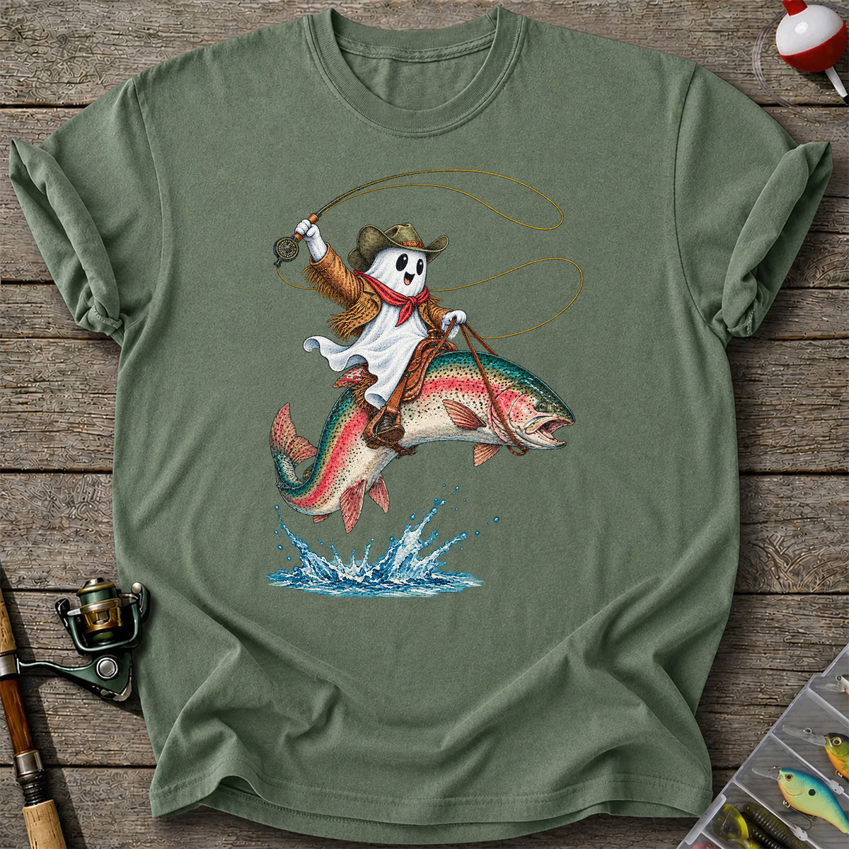 Ghost Cowboy Riding a Rainbow Trout Halloween Fishing T-Shirt