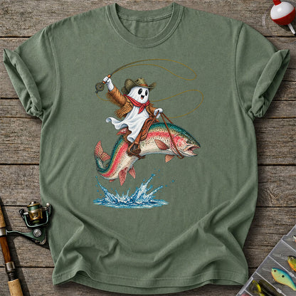 Ghost Cowboy Riding a Rainbow Trout Halloween Fishing T-Shirt