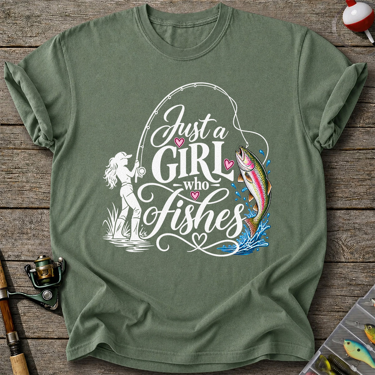Just a Girl Who Fishes Rainbow Trout and Female Angler Fishing T-Shirt