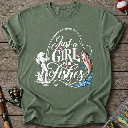 Just a Girl Who Fishes Rainbow Trout and Female Angler Fishing T-Shirt
