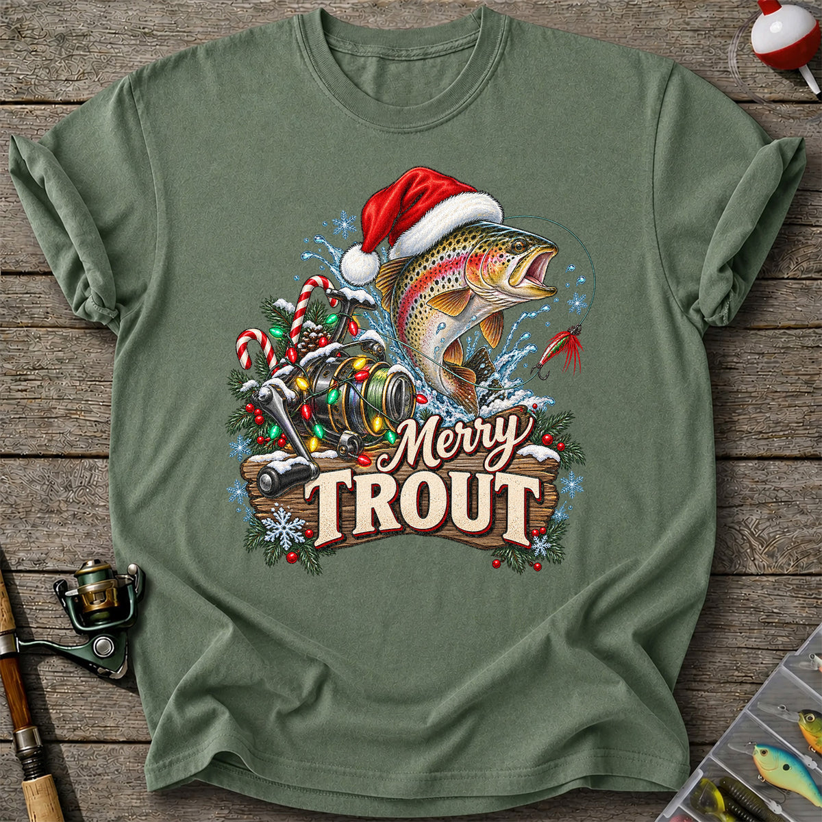 Merry Trout Christmas Rainbow Trout and Fishing Reel T-Shirt
