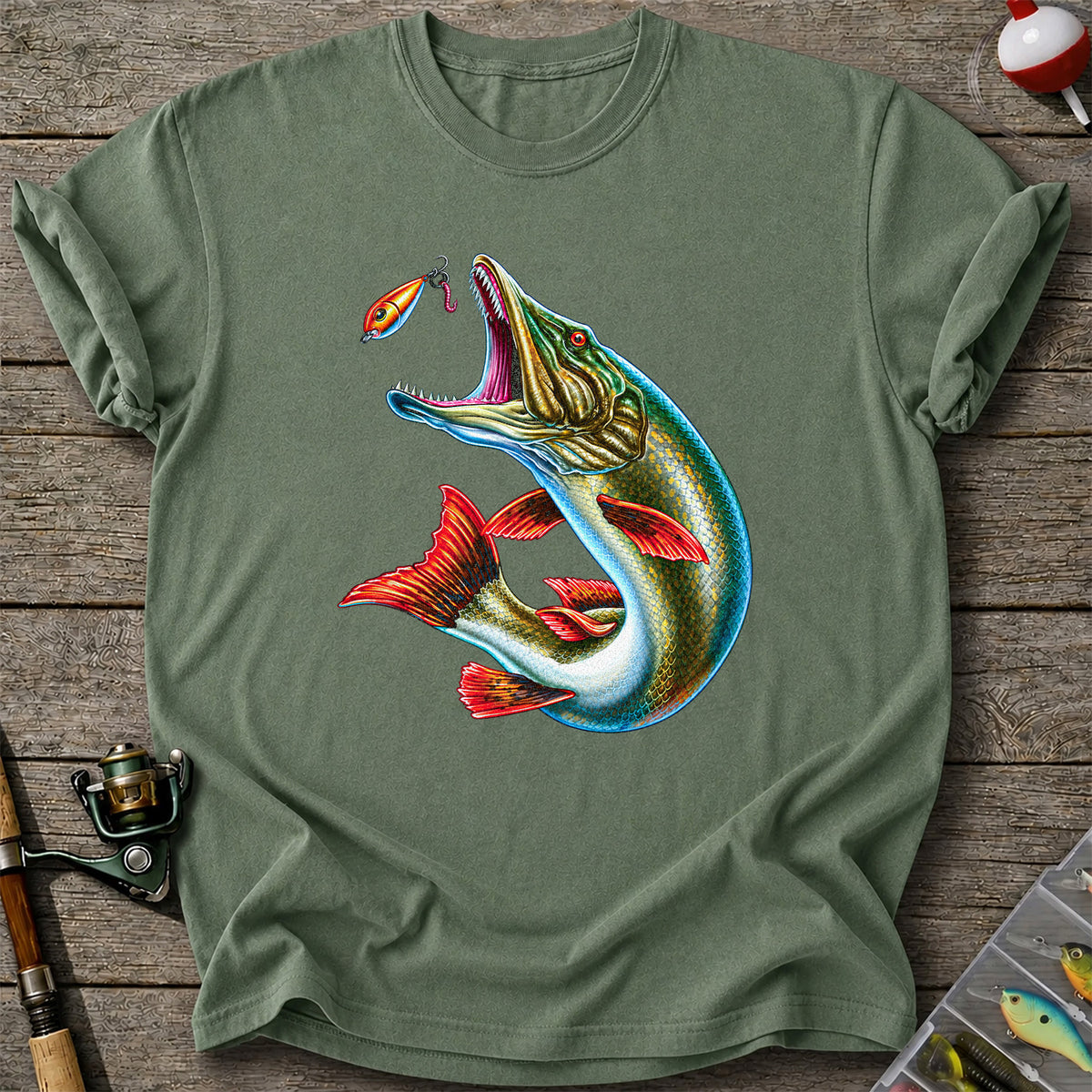 Northern Pike Chasing Fishing Lure Graphic T-Shirt