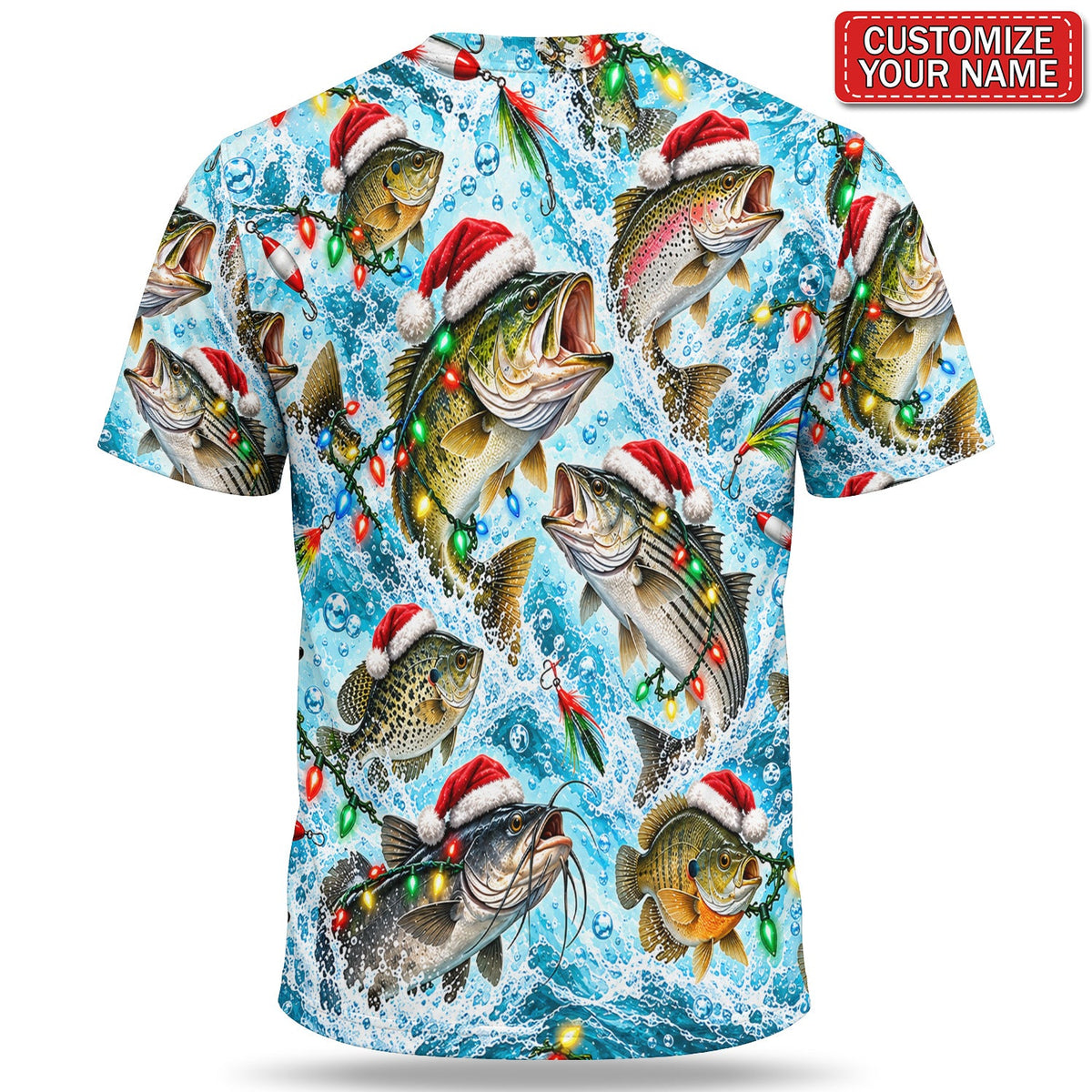 Personalized Santa Hat Fish and Christmas Lights Fishing T-Shirt