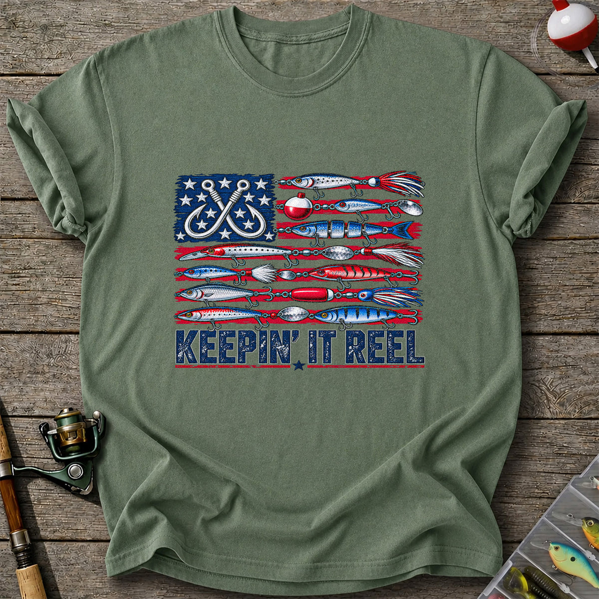Keepin' It Reel American Flag Fishing Lures Graphic T-Shirt