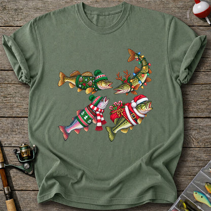 Festive Christmas Fish Wearing Holiday Sweaters Fishing T-Shirt