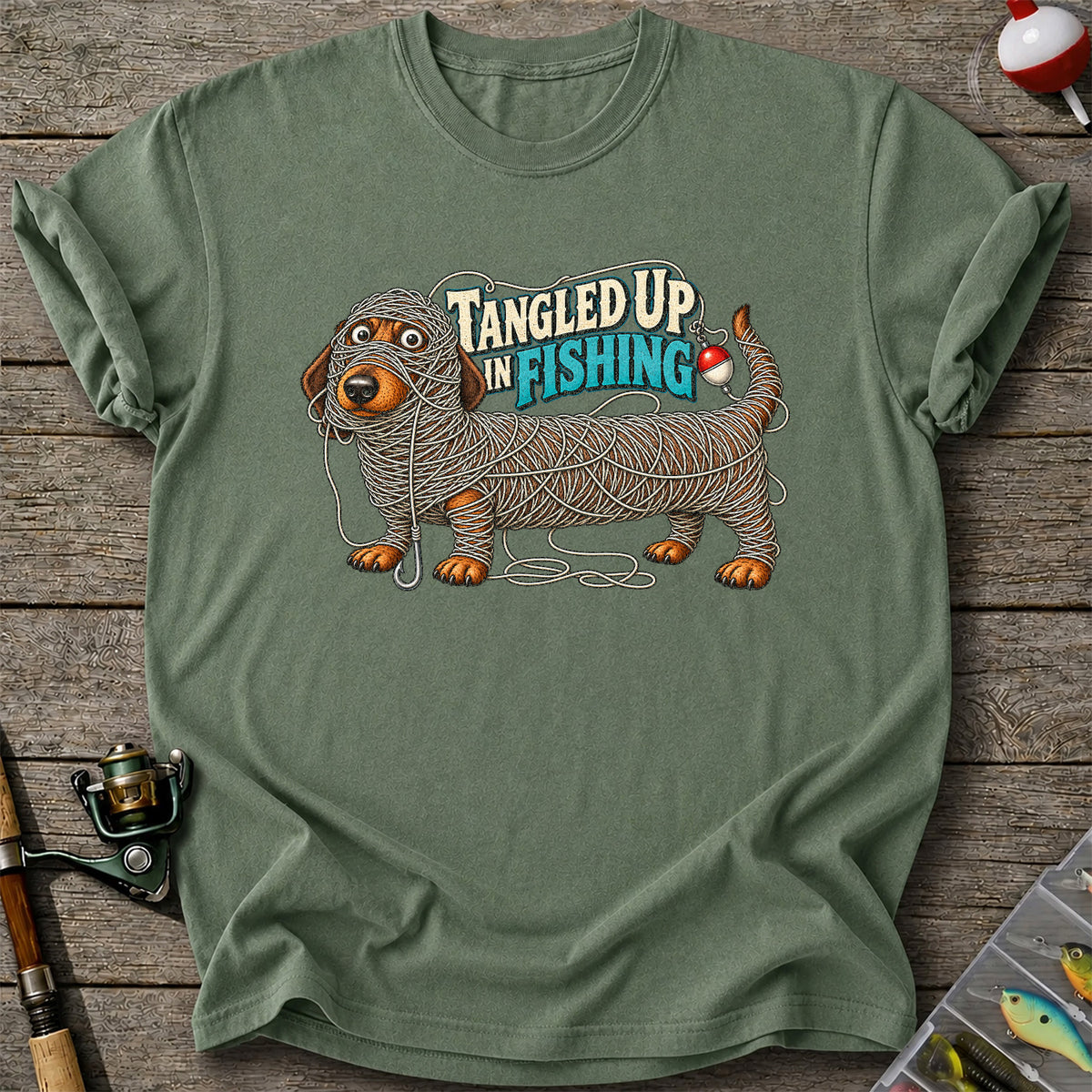 Tangled Up in Fishing Funny Dachshund Dog Graphic T-Shirt