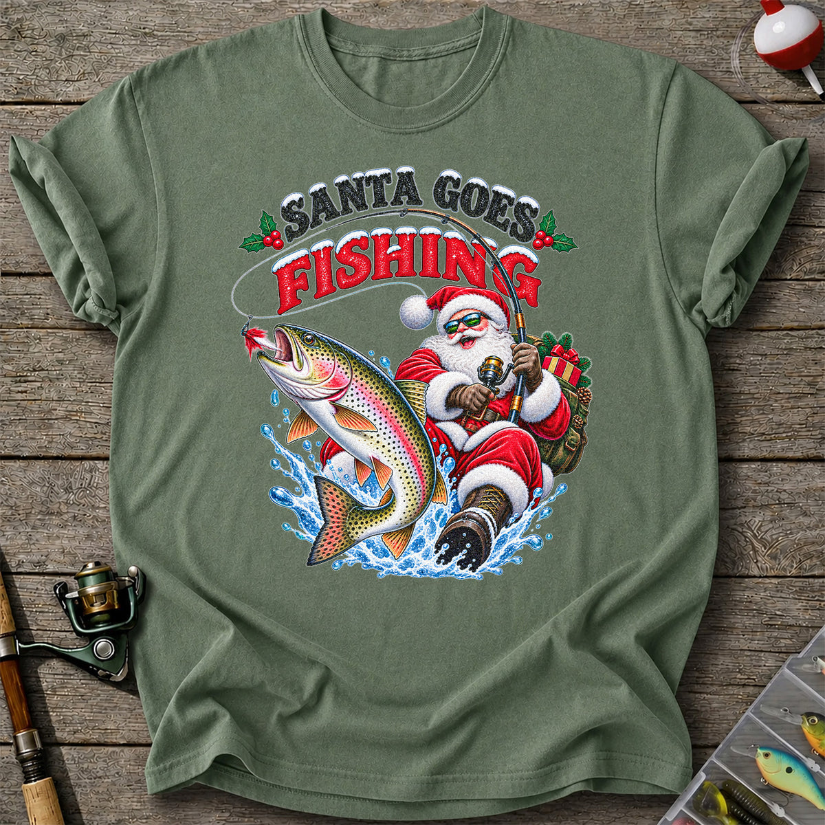 Santa Goes Fishing Rainbow Trout Christmas Graphic T-Shirt