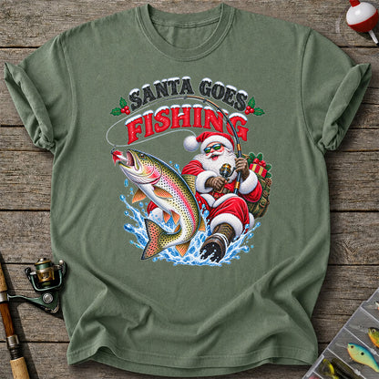 Santa Goes Fishing Rainbow Trout Christmas Graphic T-Shirt