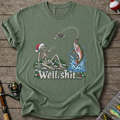Well, Shit... Skeleton and Leaping Rainbow Trout Christmas Fishing T-Shirt