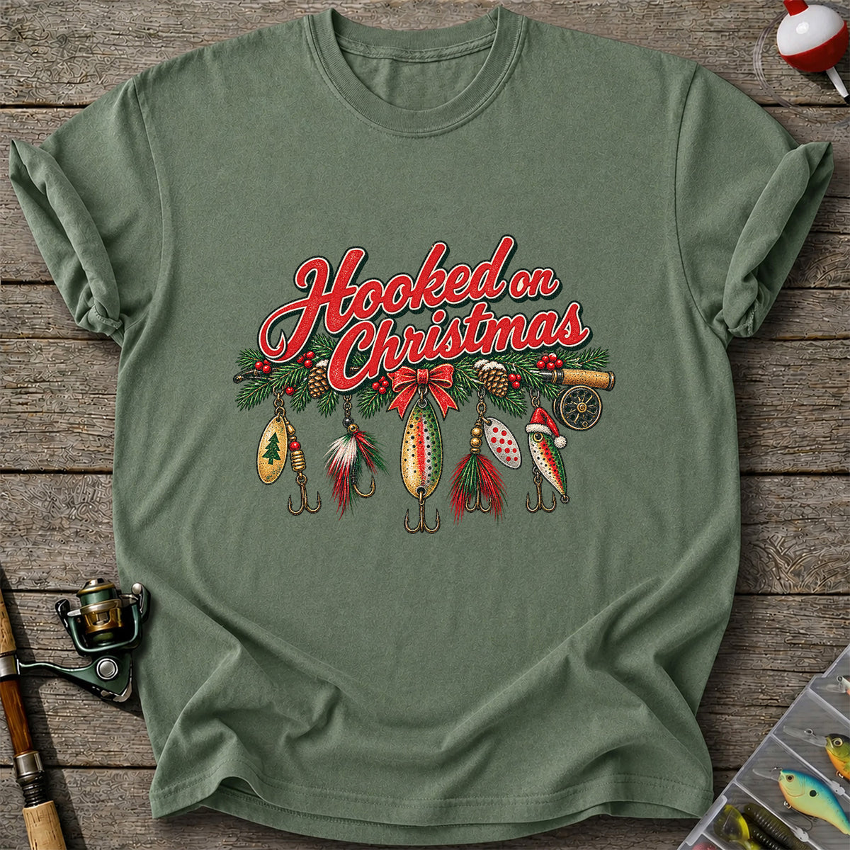 Hooked on Christmas Fishing Lure Ornaments Graphic T-Shirt