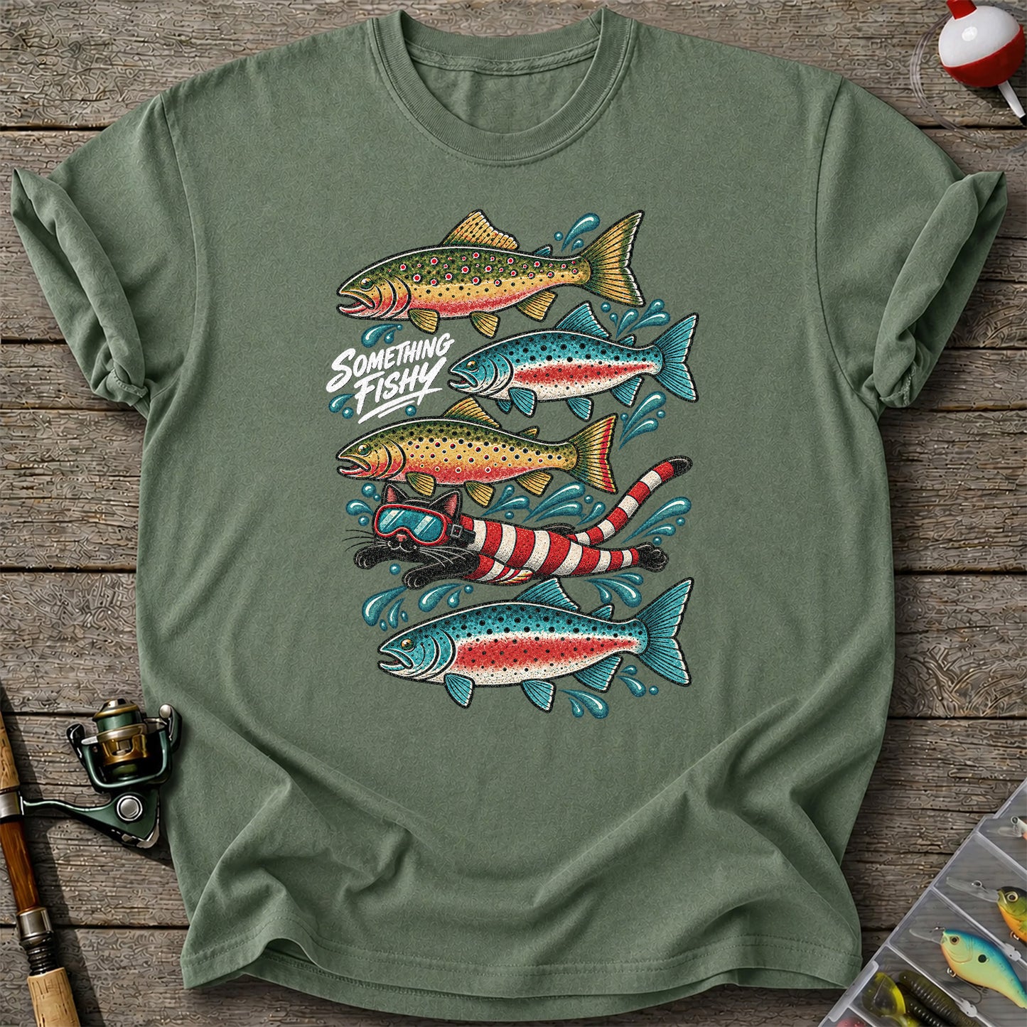 Something Fishy Trout and Snorkeler Fishing Graphic T-Shirt