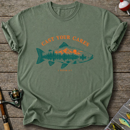 Cast Your Cares 1 Peter 5:7 Fish Silhouette Mountain Lake Fishing T-Shirt