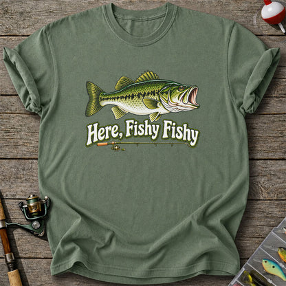 Here Fishy Fishy Funny Largemouth Bass Fishing Graphic T-Shirt