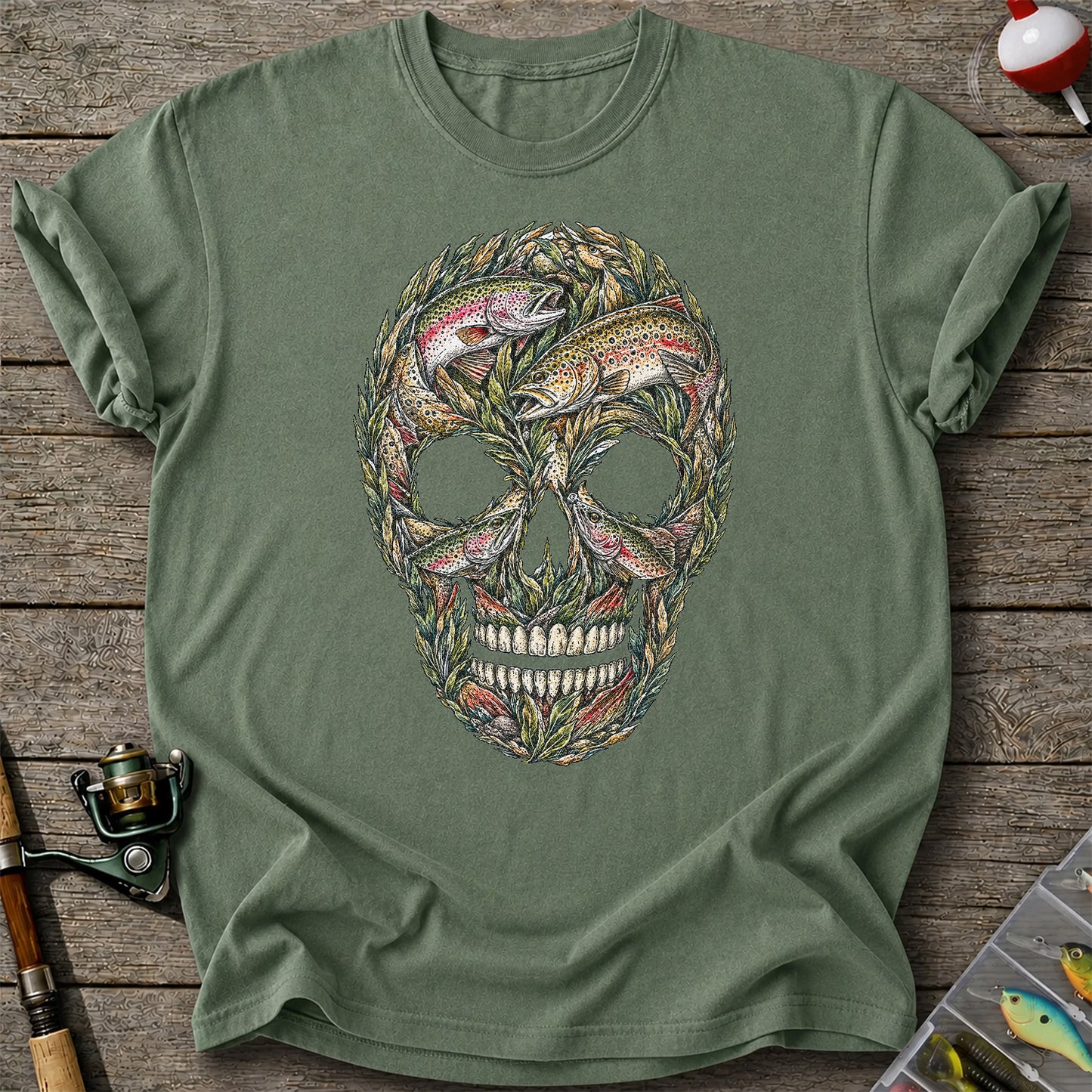 Rainbow and Brown Trout Skull Fishing Graphic T-Shirt